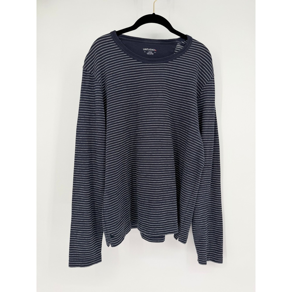 UNTUCKit Navy Blue White Striped Long Sleeve Cotton T-Shirt Large